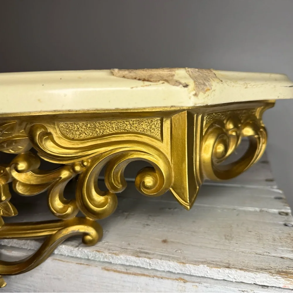 Vtg 1965s Gold Ornate Rose & Marble Wall Shelf Dart Syroco Hollywood Regency MCM